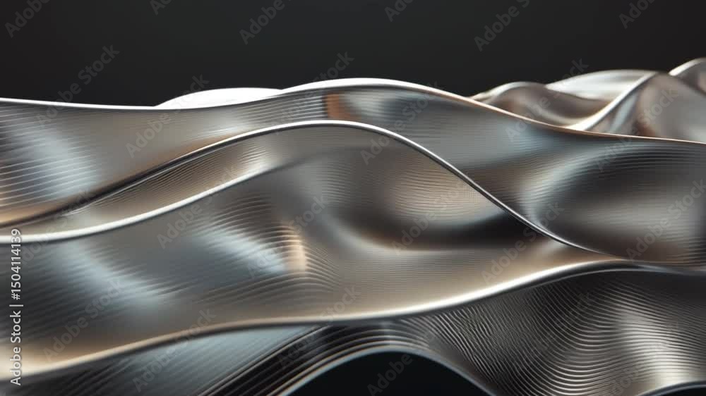 Poster abstract design of flowing metallic waves smooth curves and reflective textures create depth and mov