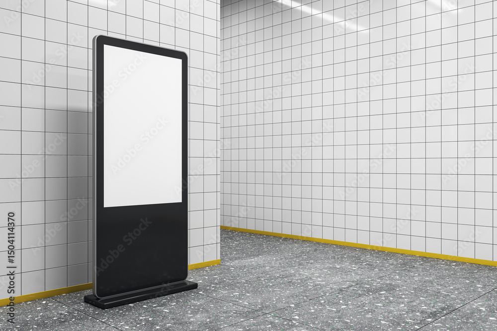 Poster Vertical digital advertising display mockup in tiled hallway with blank screen for branding or promotion presentation template concept. 3D Rendering