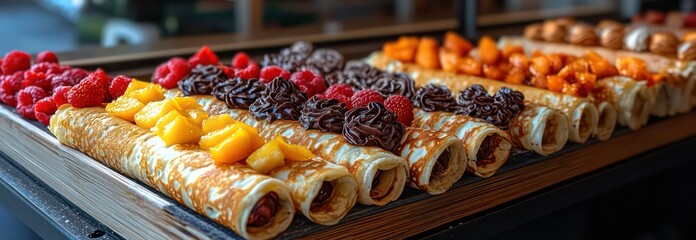 Food truck serving fresh crepes filled with chocolate, fruit, and whipped cream.