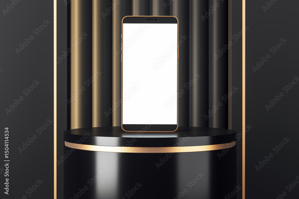 Leinwandbilder Modern smartphone with blank white screen on black and gold pedestal in luxurious minimal background display for product presentation template. 3D Rendering