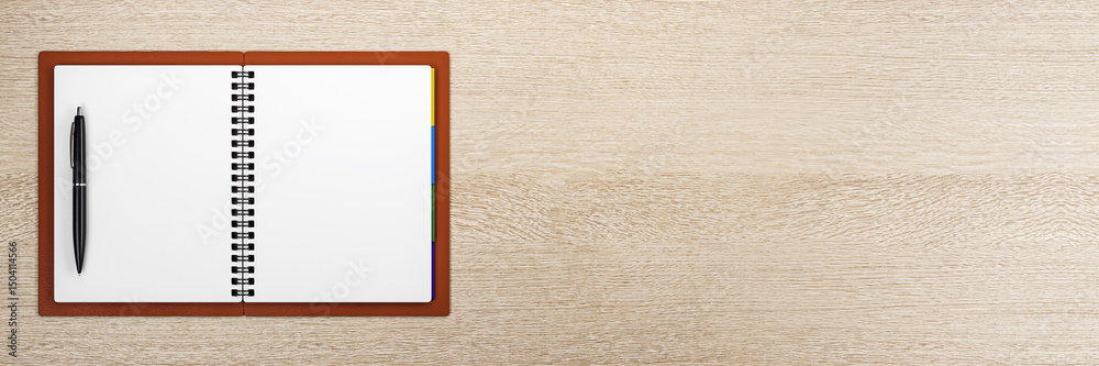 Poster Top view of open blank planner with pen on wooden background as clean workspace mockup template for design or branding concept. 3D Rendering