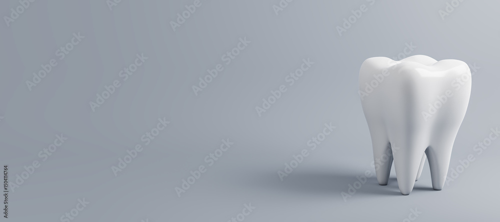 Aufkleber Realistic 3D rendering of a human molar tooth on minimal clean background with copyspace for dental care concept and health design template. 3D Rendering