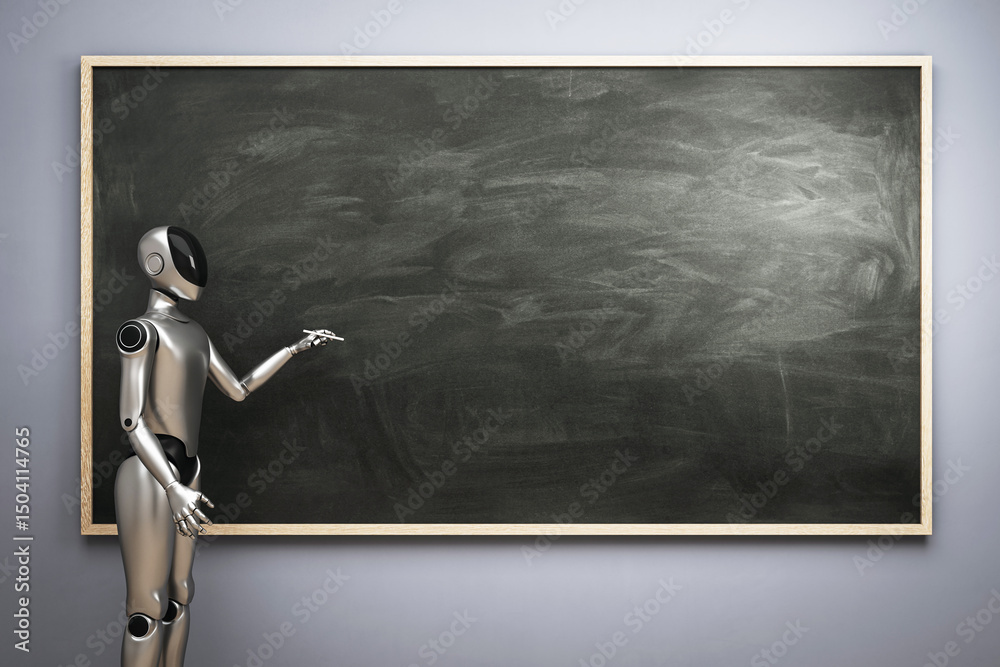 Aufkleber Futuristic humanoid robot pointing at large empty blackboard on wall in classroom with clean light background, educational concept design scene. 3D Rendering