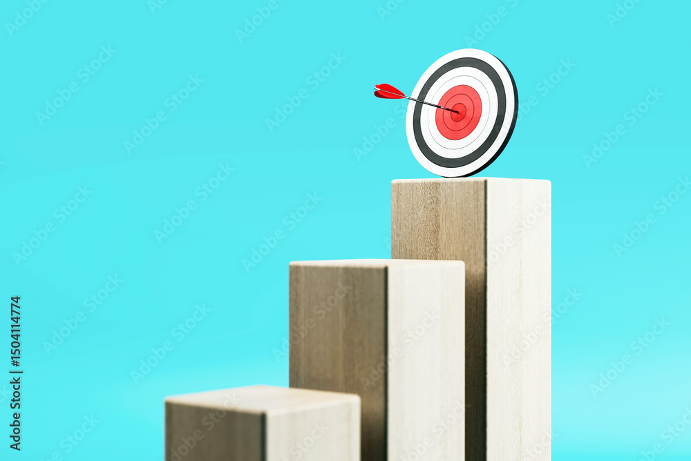 Poster wooden staircase steps leading to a bullseye target with arrow on blue gradient background symbolizi