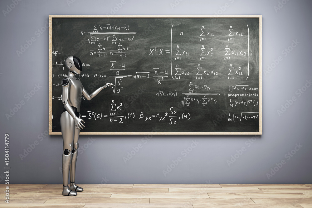Aufkleber Futuristic robot solving complex mathematical formulas on chalkboard in modern classroom with wooden floor and grey wall background. 3D Rendering