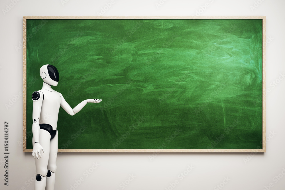 Leinwandbilder Futuristic robot pointing at a large green chalkboard in modern classroom with clean background and blank space for template or branding concept. 3D Rendering