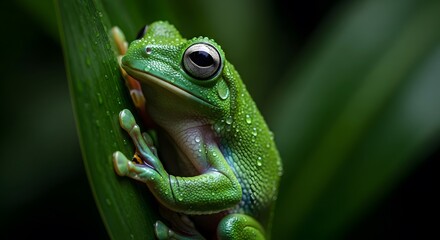 Emerald Jewel: A Dew-Kissed Frog Embarks on Leafy Ascent, Signifying Nature's Resilience and the Promise of New Beginnings in Verdant Realms