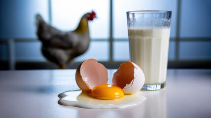 Cracked egg and milk on a surface with avian silhouette, symbolizing food safety and disease prevention.