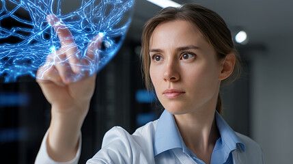Woman in lab coat interacting with glowing neural network hologram display