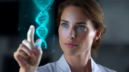 Woman in lab coat interacts with holographic dna structure display