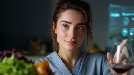 Woman with wine glass interacting with a futuristic interface in kitchen