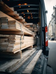 Obraz premium Logistics Van Loaded With Wood Planks Parked on City Street During Daylight
