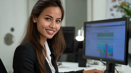 Smiling woman in a suit working at a computer in an office setting