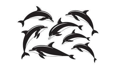 Naklejka premium Dolphin Silhouette Vector Set – Jumping and Swimming Marine Mammals .