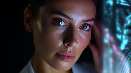 Woman looking at holographic display with futuristic data interface