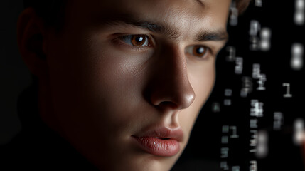 Close up of a man's face with digital data overlayed on a dark background