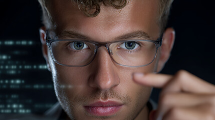 Close up of a man with glasses looking at code on a computer screen