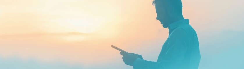 Silhouette of a person using a phone with a city skyline