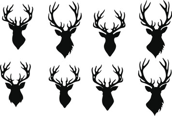 Set of Eight Deer Head Silhouettes with Antlers on White Background
