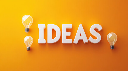 Sparkling Ideas: An enlightening image of the word IDEAS, complemented by illuminated light bulb, set against a radiant yellow backdrop. a perfect visual of brainstorming and creative thoughts.