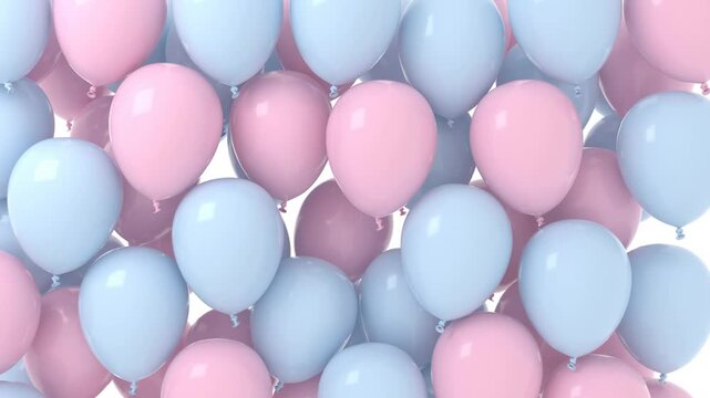 Gender reveal pink and blue balloons filling the screen before seperating to reveal space for copy or gender reveal. Mask included.