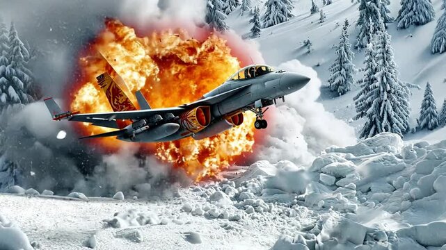 Fighter Jet in Action Creating Explosive Eruption Amidst Snow-Covered Landscape with Dense Pine Trees and Smoke