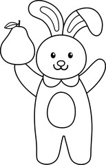 Mid autumn festival rabbit outline vector cartoon isolated.
Cute Mid-Autumn Festival bunny holding pomelo Children's coloring page.
Transparent background, SVG file.