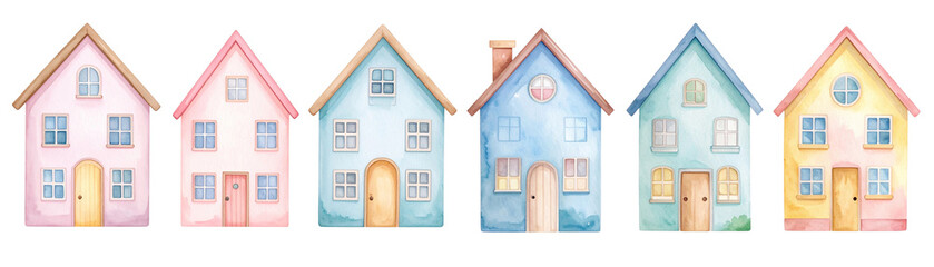 Charming watercolor illustration of colorful houses with varying designs set against a white isolated background