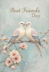Elegant Watercolor Doves on Flowering Branch – Soft Pastel Friendship Art