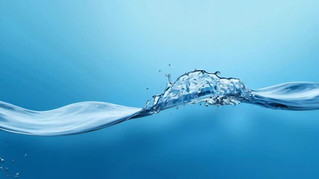 Crystal clear water wave splashing in blue background  