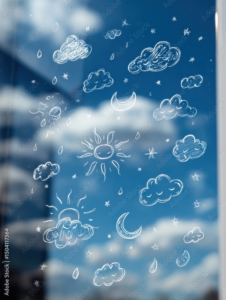 Aufkleber Decorative Transparent Weather-Themed Stickers Create a Whimsical Display on a Window Pane With a Clear Blue Sky Backdrop