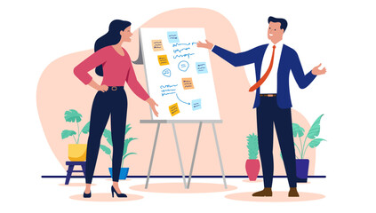 Businesspeople with flipchart - Two people, man and woman in workshop using sticky notes and scribbles to solve project problem, discussing and talking. Flat design vector illustration graphic 