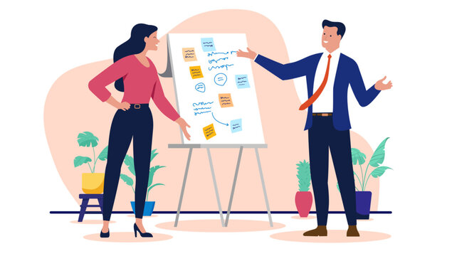 Businesspeople with flipchart - Two people, man and woman in workshop using sticky notes and scribbles to solve project problem, discussing and talking. Flat design vector illustration graphic 