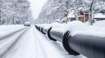 Snowy Roadside with Black Pipe in Winter Landscape in Suburban Area