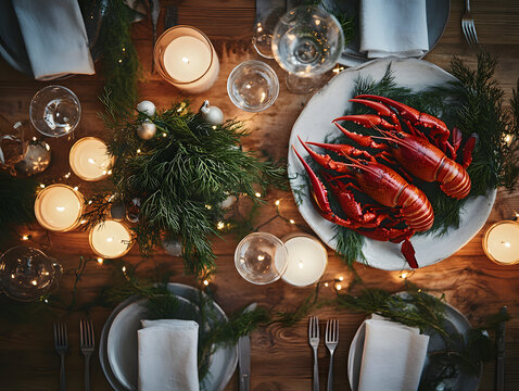 Kraftskiva table setting with crayfish, candles, and dill bouquets