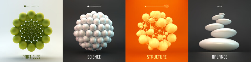Molecule. A sphere of small balls. Spa stones standing in a stack. Concepts of chemical investigation. A group of atoms. Scientific illustration. 3D vector for brochure, poster, presentation, flyer.