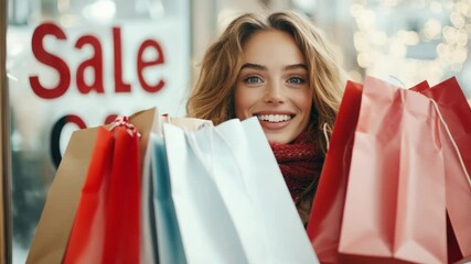 Smiling woman enjoys successful shopping spree with colorful bags during sale