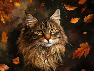 Autumnal Feline Reverie: A majestic long-haired cat, its gaze locked in serene contemplation, amidst a shower of falling, fiery autumn leaves, evoking the tranquility of nature's seasonal embrace. 