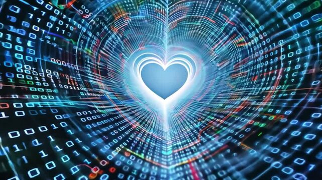 Digital Heart Vibrant Connection of Love and Emotion in Binary Code Patterns and Technology