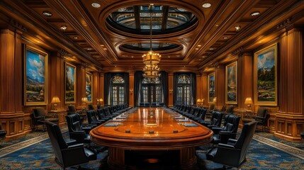 Elegant meeting room with grand wooden table, dark chairs, and professional wall art.