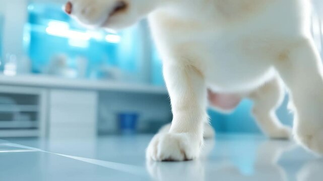 A small, light-colored rabbit stands on a clean examination table, likely at a veterinary clinic or a pet pharmacy