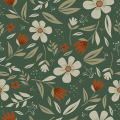 Vintage seamless vector pattern with stylized cream and red flowers, muted green leaves, tiny buds and stars. Earthy tones, botanical design. Perfect for textiles and wallpapers.