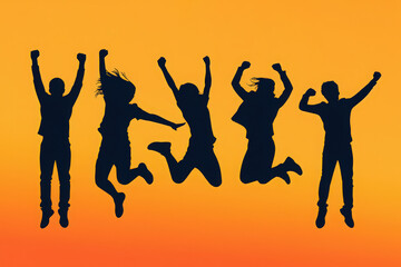 Silhouettes of Joyful People Jumping in Celebration