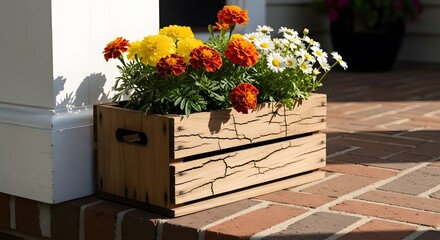 Rustic Charm: Autumn Blooms Overflowing From Wooden Crate, Lending Warmth And Seasonal Beauty to Porch Decor, Creating Inviting Outdoor Atmosphere