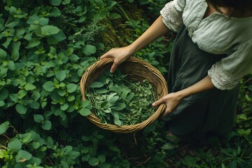 Forager collects wild herbs and edible plants in lush green forest during daytime
