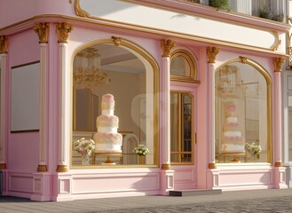 Pink french patisserie storefront mockup with ornate classical architecture gold columns arched windows displaying elaborate wedding cake luxury bakery boutique romantic facade.