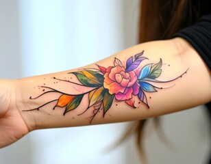 High-resolution image of a vibrant watercolor-style tattoo on forearm, glowing colors, fine lines