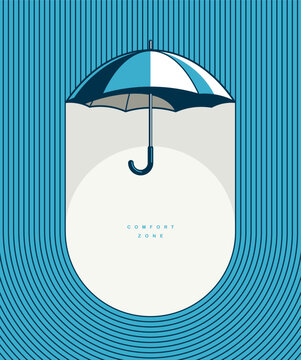 Comfort zone concept poster, umbrella covers safe space of stability vector icon style illustration,