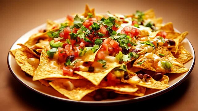 Plate of cheesy nachos with toppings on a warm background.