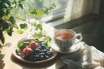 Enjoying a relaxing afternoon with herbal tea and fresh fruits by the window in a cozy room